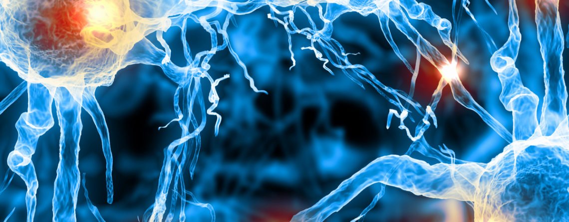 Illustration einer Nervenzelle auf farbigem Hintergrund mit Lichteffekten